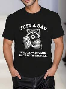 Camiseta de hombre con estampado "Papá Mapache" ,220 g/m², nueva camiseta informal de verano de algodón con cuello redondo y manga corta (1 unidad) - Negro - Ver 1