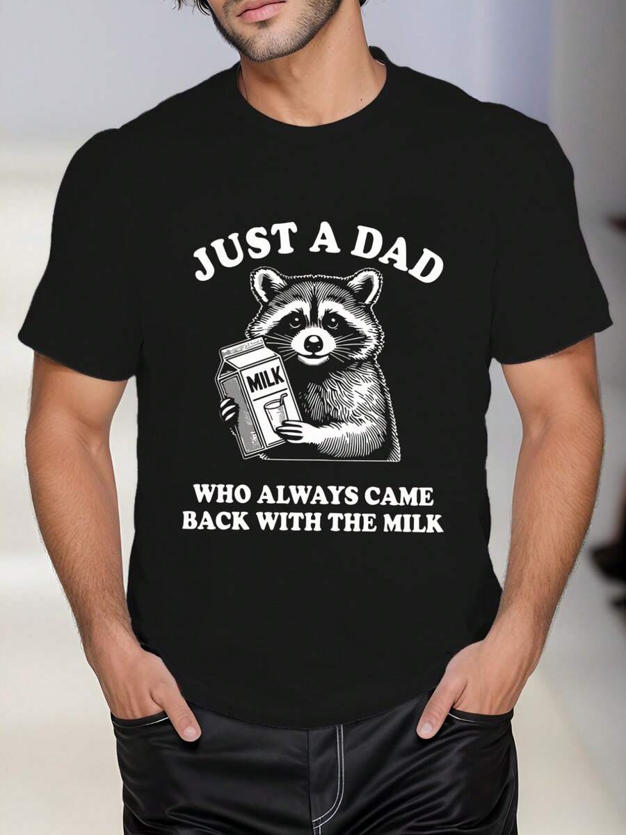 Camiseta de hombre con estampado "Papá Mapache" ,220 g/m², nueva camiseta informal de verano de algodón con cuello redondo y manga corta (1 unidad) - Negro - Ver 1