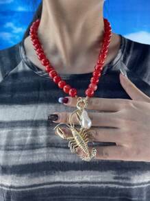 Retro Versatile Crustacean Beaded Handmade Necklace, Vintage Alloy Boho Seafood Jewelry, Fashion Unique Resort Style