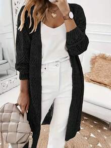 Casual Long Sleeve Solid Pointelle Knitted Cardigan - Button Front - Women's Clothing - Black - View 1