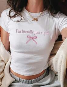 Mujer Verano Lema Detalle de Moño Estampado Cuello Redondo Manga Corta Casual Camiseta Soy Solo Una Chica Gráfica Camisetas para Mujer - Blanco - Ver 1