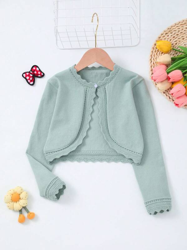 Cárdigan de punto elegante con diseño calado de unicolor simple para niña joven