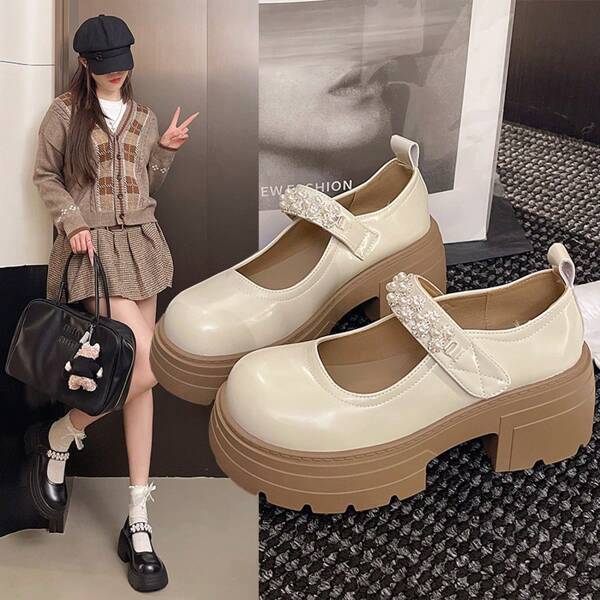 Women's Mary Jane Shoes, Thick Platform, Solid & Floral Printed Preppy Schoolgirl Style, Cute Pearl & Sequin Decor, JK Lolita, Suitable For Daily Wear, Outdoor Party, Office