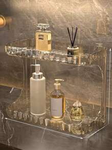 1 pieza Estantería de almacenamiento de maquillaje, Caja de almacenamiento transparente sencilla, Organizador de tocador, Soporte para productos de cuidado de la piel de gran capacidad, Apto para botellas, tazas, cosméticos, Decoración de habitación, Decoración del hogar, Accesorios de baño, Para vacaciones en la playa, Colección de baño, Colección de dormitorio, Gran capacidad