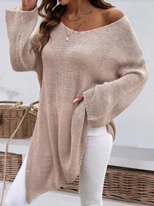 Oversize einfarbiger Rundhals Lässig Loose Split Saum Strickpullover