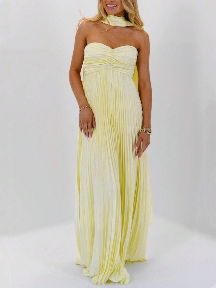 Womens Y2k Tube Strapless Pleated Maxi Dress With Scarf Maternity Silk Satin Formal Cocktail Ruffle Flowy Dresses - Light Yellow - View 1