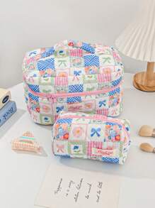 1 Piece Multi-Style Spliced Color Matching Cosmetic Bag With Bow Pattern, Girly Heart Design, Multifunctional Cosmetic Storage Bag,For Holiday Beach, Bathroom Collection, Bedroom Collection, Large Capacity