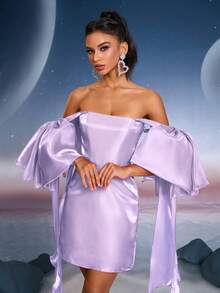 Vestido de baile de cintura alta da Anymoon Fashion, vestido para convidada de casamento feminino, adequado para ocasiões formais, formaturas, bailes de formatura, festas e eventos de casamento, vestido de festa - Roxa - Ver 11
