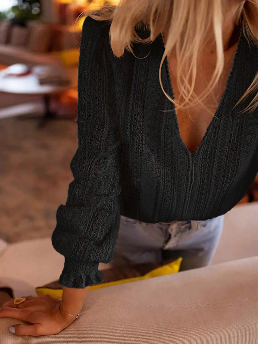 Top cu mânecă lungă, elegantă, cu decolteu în V, de culoare solidă - Negru - Vizualizare 1