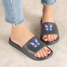 时尚女士塑料拖鞋，夏季柔软卡通可爱白色平底凉鞋，耐磨浴室淋浴人字拖 - 水晶蝶黑 - 查看 1