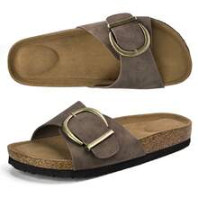 Women Sandals Summer Slip On Cork Footbed Adjustable Buckle Casual Comfort - Reddish Brown - View 7
