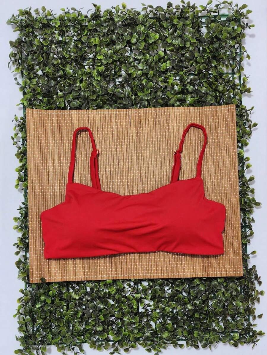 Bikini Top Simple Bandeau Thin Straps With Removable Pads And Separate Polyamide Adjuster - Red - View 1