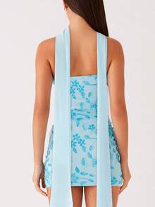 Women Sequin Sparkly Floral Tube Mini Dress With Scarf Y2k Sexy Pearl Embellished Bling Glitter Bodycon Dresses - 藍色 - 查看 2