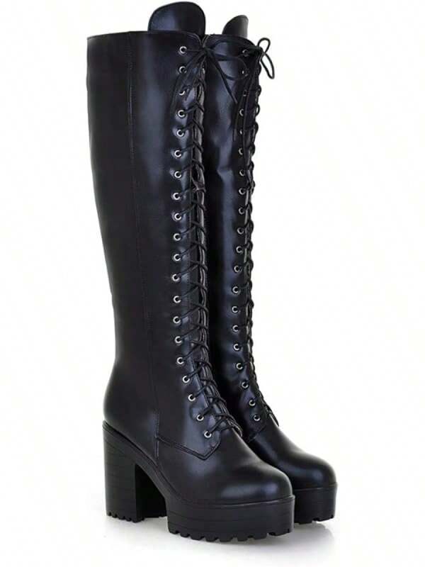 Bottes à lacets pour femmes avec des sangles jusqu'au genou, bottes de combat hautes à talons hauts, chaussures à plateforme à talons épais
