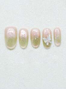 10pcs Mint Green Shimmery Cat Eye Cute Butterfly Elegant Niche Brightening Handmade Fake Nails
