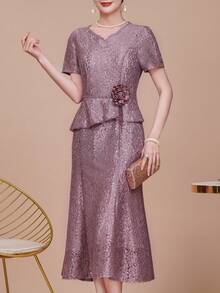 Summer Women's Elegant Casual Short Sleeve Dress, New Luxury Lace Mermaid Evening Gown With 3D Floral Details, Embellished With Beads And Rhinestones, Zipper Back Closure, Perfect For Wedding/Guest/Event/Engagement/Ceremony/Birthday/Social/Formal/Prom/Everyday/Vacation/Graduation Occasion - Purple - View 3