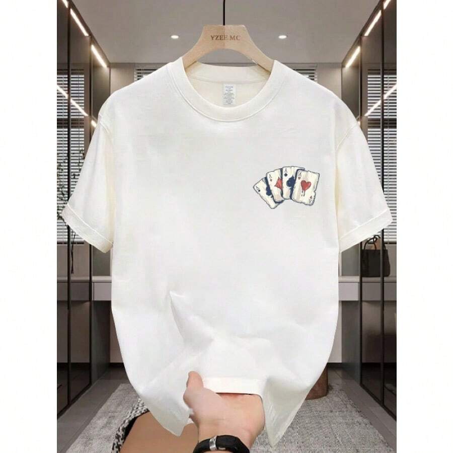 Men's 100% Cotton T-Shirt - Casual & Comfortable, Solid Color With Poker Card Design, Short Sleeve, Round Neck - Perfect For Casual Attire - White - View 1