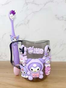( Sanrio) 2pcs Cute Cartoon KT Cat And Pudding Dog Toothbrush Holder Combination Set - PP Material, Suitable For Men And Women, Toothbrush Holder And Mouthwash Cup, Comes With Toothbrush And DIY Stickers Home Bathroom Decor Fall Decor Back To School