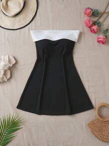 Elegant Contrast Color Strapless Mini Dress, Summer - Black - View 6