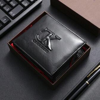 CarrKen 1pc Luxury Letter Embossed Bifold Men Short Wallet Business Minimalist Credit Card Holder Men Gift Box Wallet For Men Wallet Mini Wallet Purse Wallet Men Wallet Leather Small Wallet Wallet Cute Wallet