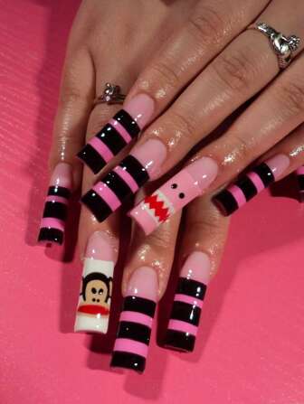24 Pcs Of Long Square Acrylic Press On Nails Gift Box Summer Dopamine New European And American Black And Pink Nails Contrast Hot Girl French Big Mouth Monkey Funny Water Ripple Expression Specially Designed For Girls, Gift Party Portable Fake Nails With Jelly Glue 1 Piece Rub Strip 1