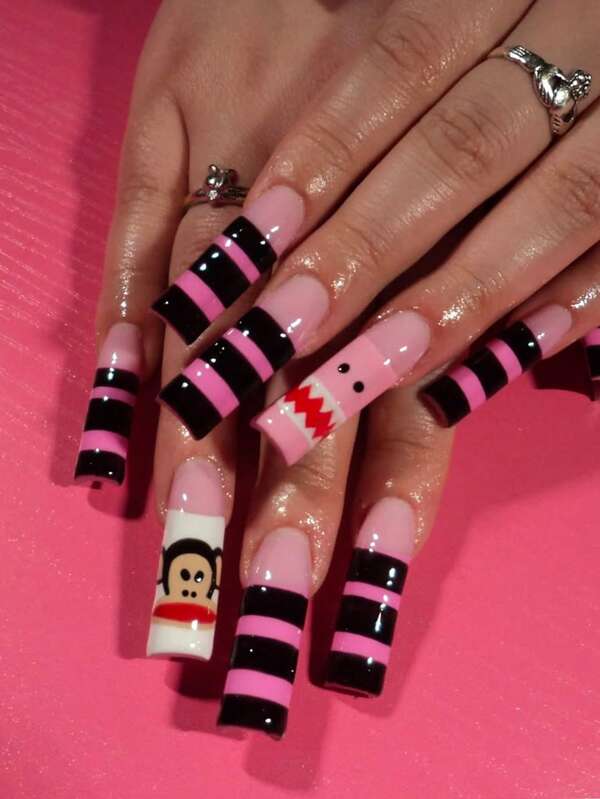 24 Pcs Of Long Square Acrylic Press On Nails Gift Box Summer Dopamine New European And American Black And Pink Nails Contrast Hot Girl French Big Mouth Monkey Funny Water Ripple Expression Specially Designed For Girls, Gift Party Portable Fake Nails With Jelly Glue 1 Piece Rub Strip 1
