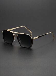 1 pieza Gafas de hombre clásicas y casuales, con montura de metal de puente doble y lentes poligonales de estilo aviador, en color dorado/negro/plateado, un accesorio esencial y con estilo, adecuado para abrigos, suéteres, chaquetas acolchadas, un gran regalo para el novio para el verano, la playa, al aire libre y los viajes.