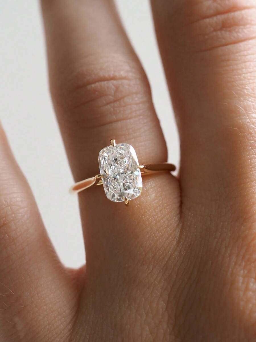 S925 纯银椭圆形方晶锆石戒指，高品质珠宝女士结婚/订婚戒指 - 金黃色 - 查看 1