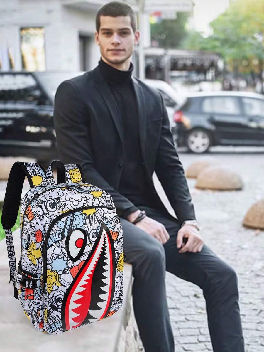 男女通用时尚鲨鱼嘴印花背包/单肩包，撞色蓝色闪电图案学校/笔记本电脑包，配有可调节肩带，随机全身印花