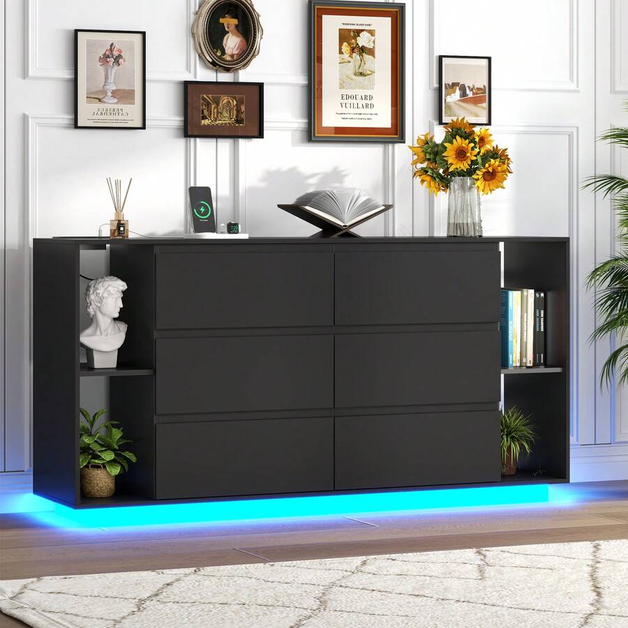Black 6 Drawer Dresser With LED Light, Power Outlet & Storage Shelves – Modern Floating Chest For Bedroom & Living Room, Double Wide Cabinet Organizer - 查看 1