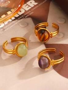 1pc Stainless Steel Gold Natural Stone Ring, Elegant Geometric Oval Tiger Eye Ring Suitable For Women Everyday Wear, Party, Festival - Ring - View 2