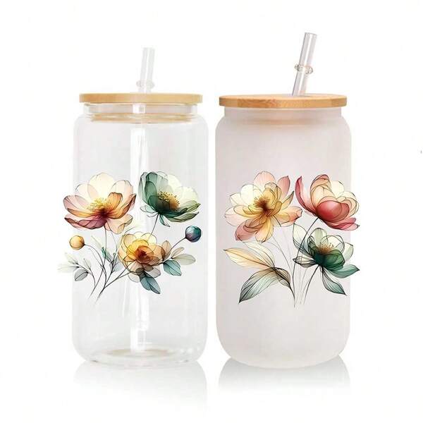 1 Sheet Cute Freshness Flower Design UV Dtf Transfer Sticker Waterproof 3d DTF Embossed Crystal Label For 16OZ Glass Cup Wrap Wall Stickers Decoration Rub On Scrapbook High Quality Scrapbooking Material Sunscreen For Diy Decoration Of Glasses, Laptop, Mobile, Phone Cases, Fridge, Computer, Water Bottle, Notebook, Computer, Desk, Handicrafts Sticker, Material Pattern