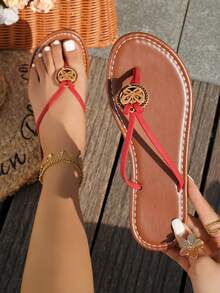 Women's Red Strap Bohemian Style Beach Sandals - Red - View 1