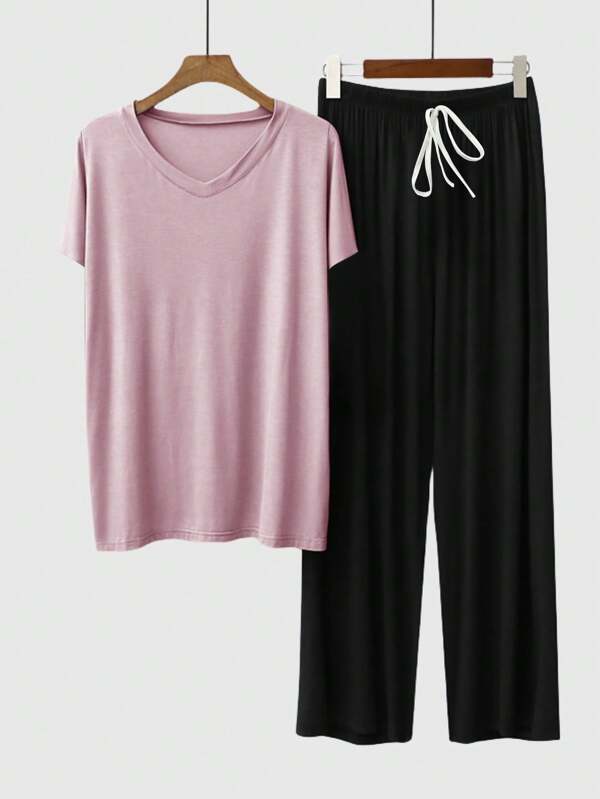 Set de 2 piezas de pijamas de verano para mujer, conjunto de top de manga corta y pantalón largo, de corte holgado, cuello en V, ropa de estar en casa, conjunto de dos piezas