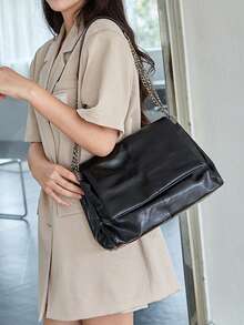 Large Capacity Commuter Tote Bag, 2025 New Fashion Chain Strap Shoulder Handbag, High-End Underarm Bag - Black - View 3