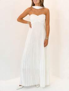 Womens Y2k Tube Strapless Pleated Maxi Dress With Scarf Maternity Silk Satin Formal Cocktail Ruffle Flowy Dresses - trắng - Xem 2