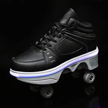 Transformable Flashing Roller Skates For Woman Retractable Wheels Y2K Outdoor Party All Seasons Double-Row Deform Wheel Automatic Walking Shoes, Black - 黑色 - 查看 2