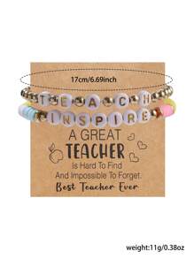 2pcs/Set Teacher's Day Bracelet Set, Fashion Soft Clay CCB Resin Wood Bead & Letter ''INSPIRE TEACH'' Bracelet, Suitable For Daily Wear And Gifting