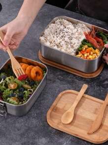 New 304 Stainless Steel Bamboo Lid Bento Lunch Box, Japanese Style Rectangular Outdoor Food Container, Airtight Wood Cover, Camping Cooking, Vintage Retro Picnic Lunch Box