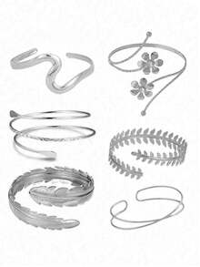 6pcs/Set Geometric Metal Bracelet Bangle With Leaf Design, Exaggerated Style Suitable For Party, Gathering, Gift And Daily Wear - Silver - View 1