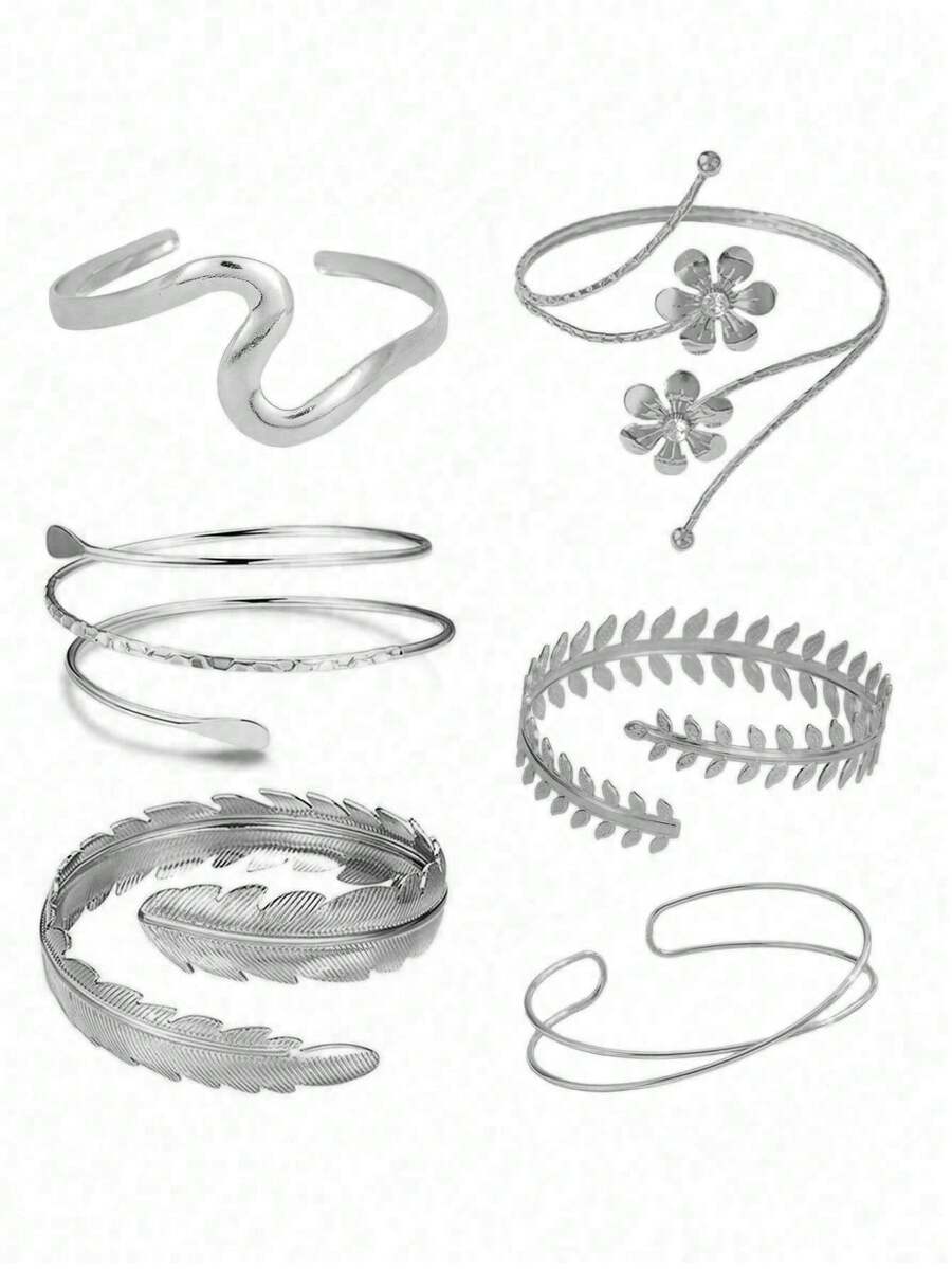 6pcs/Set Geometric Metal Bracelet Bangle With Leaf Design, Exaggerated Style Suitable For Party, Gathering, Gift And Daily Wear - Silver - View 1