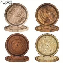 40pcs Wood Grain Pattern Disposable Plates, Thick Waterproof Disposable Plates With Wood Texture, Suitable For Theme Parties, Birthdays, Outdoor Gatherings, Family Meals, Daily Use