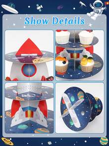 1pc Space Astronaut Cupcake Holder, Rocket Theme Birthday 3 Tier Cardboard Cupcake Stand, Galaxy Style Dessert Tower Display For Birthday Technology Theme Youngster Shower Party Supplies Decoration
