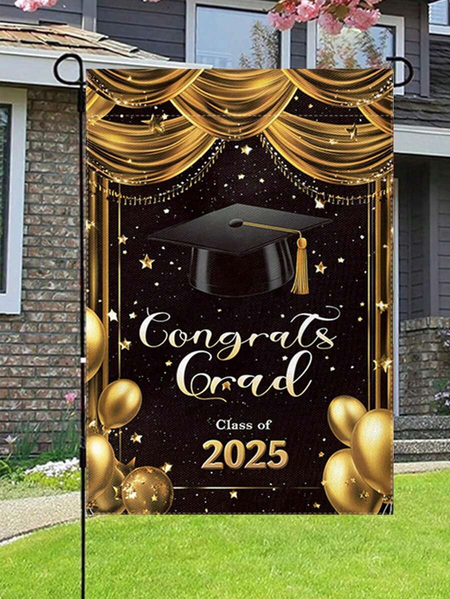 2025 Graduation Garden Flag, Decorative Double-Sided Linen Color Flags For Graduation Party - Multicolor - View 1