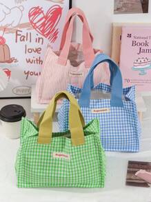 1 pieza Bolsa de almuerzo de color fresco con cuadrícula, caja de almuerzo reutilizable con asa, bolsa de almuerzo con gran capacidad para campamento, senderismo, salidas de primavera, picnics, bolsa portátil de almacenamiento de alimentos, bolsa de almuerzo linda para mujer, maestro, estudiante, trabajador de oficina