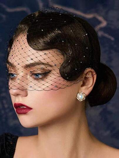 1pc Vintage Mesh Faux Pearl Rhinestone Bridal Veil, Party Hair Hoop Headband, Suitable For Cosplay, Party, Wedding, Beach, Graduation Photography Props