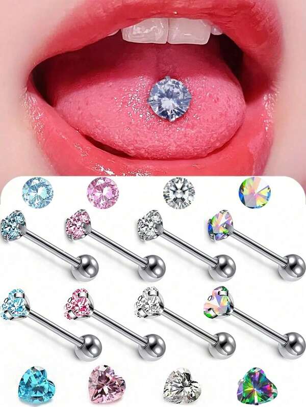 1/4pcs Fashionable Cubic Zirconia Decorated Round & Heart Shaped Tongue Rings, Suitable For Daily Wear For Women And Men