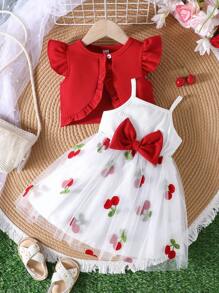 2pcs Baby Girls Summer Outfit Set: Ruffle Cap Sleeve Shirt And Sleeveless Strawberry Print Butterfly Tulle Skirt,Casual & Cute For Outdoor