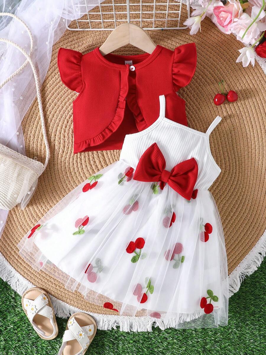 2pcs Baby Girls Summer Outfit Set: Ruffle Cap Sleeve Shirt And Sleeveless Strawberry Print Butterfly Tulle Skirt,Casual & Cute For Outdoor