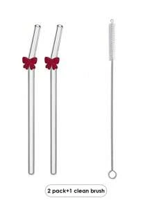 6er Pack wiederverwendbare Glas-Trinkhalme mit Schleifen-Charm - bruchsichere gebogene Trinkhalme Set + Reinigungsbürste - elegante Trinkhalme für Cocktails, Smoothies & kalte Getränke (20cm)